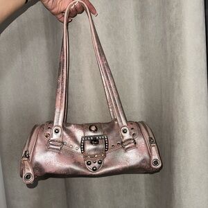 Vintage Metallic Pink & Silver Barrel Shoulder Bag with Stud Diamond Detailing